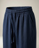 Pantaloni damă bleumarin cu talie elastică si snur, model lejer din material fluid, stil casual-elegant