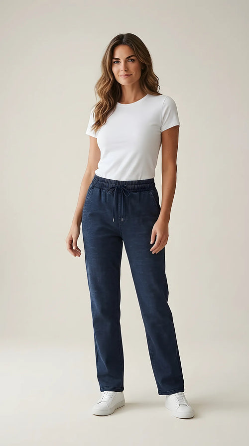 Pantaloni damă casual cu talie elastică și șnur, aspect denim, bleumarin închis