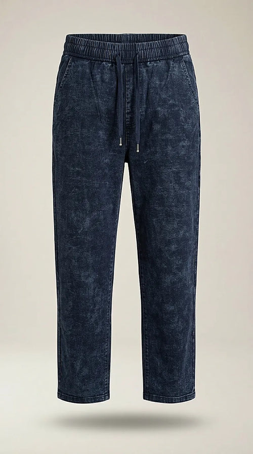 Pantaloni damă casual cu talie elastică și șnur, aspect denim, bleumarin închis
