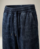 Pantaloni damă casual cu talie elastică și șnur, aspect denim, bleumarin închis