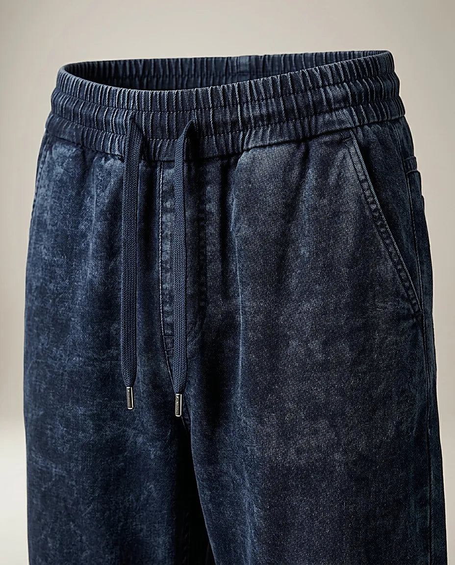 Pantaloni damă casual cu talie elastică și șnur, aspect denim, bleumarin închis