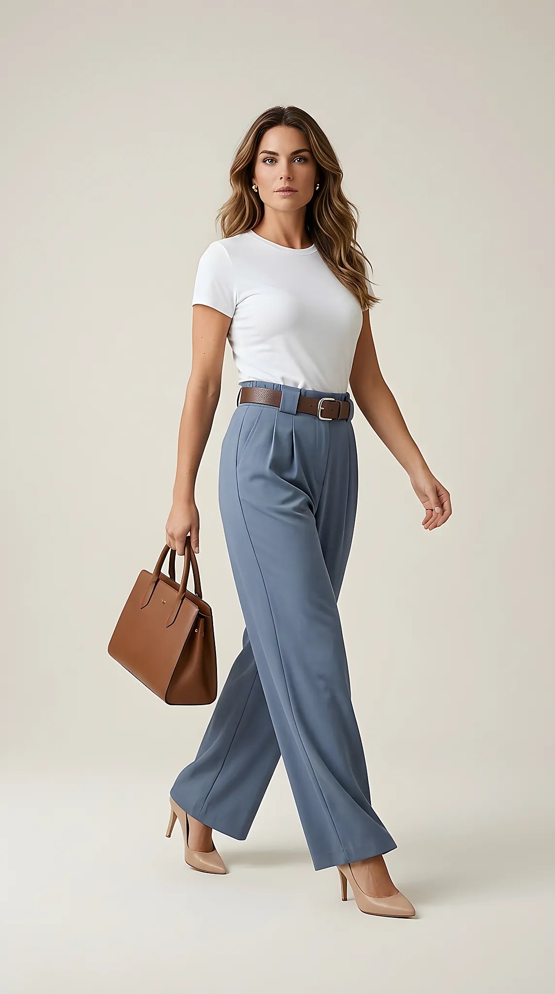 Pantaloni damă eleganți albastru prafuit, cu talie înaltă elastică, pliuri frontale si curea maro inclusa | Mira Style