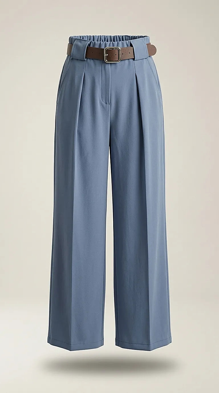 Pantaloni damă eleganți albastru prafuit, cu talie înaltă elastică, pliuri frontale si curea maro inclusa | Mira Style