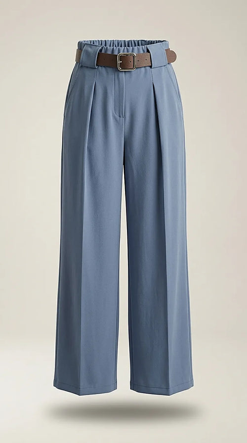 Pantaloni damă eleganți albastru prăfuit, cu talie înaltă elastică, pliuri frontale și curea maro inclusă