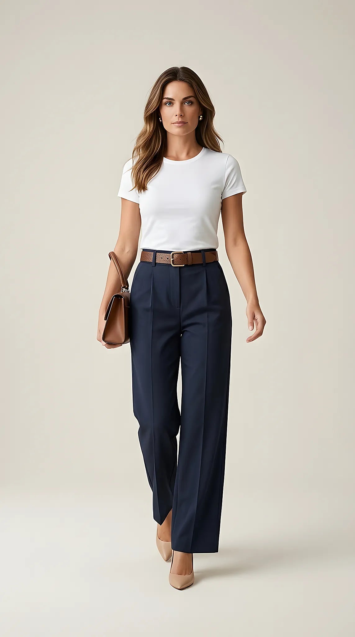 Pantaloni damă eleganți bleumarin cu talie înaltă si curea maro inclusa, croiala dreaptă wide-leg, perfecti pentru office | Mira Style