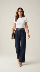 Pantaloni damă eleganți bleumarin cu talie înaltă și curea maro inclusă, croială dreaptă wide-leg, perfecți pentru office