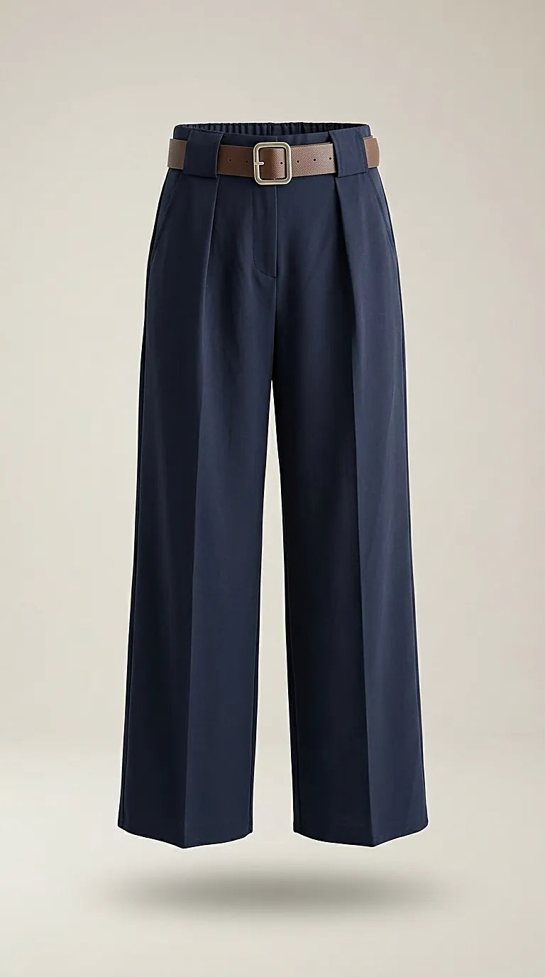 Pantaloni damă eleganți bleumarin cu talie înaltă si curea maro inclusa, croiala dreaptă wide-leg, perfecti pentru office | Mira Style