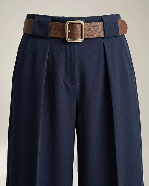 Pantaloni damă eleganți bleumarin cu talie înaltă și curea maro inclusă, croială dreaptă wide-leg, perfecți pentru office