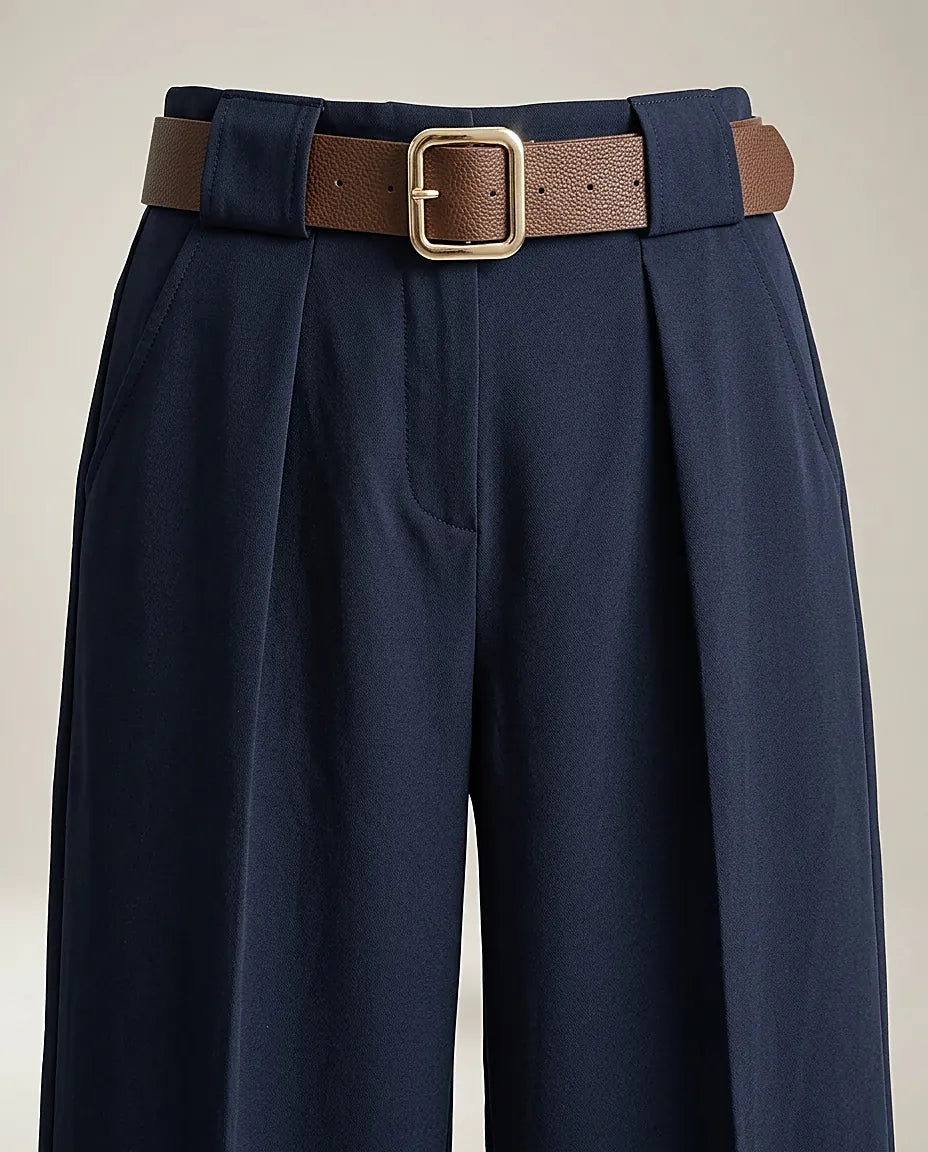 Pantaloni damă eleganți bleumarin cu talie înaltă și curea maro inclusă, croială dreaptă wide-leg, perfecți pentru office