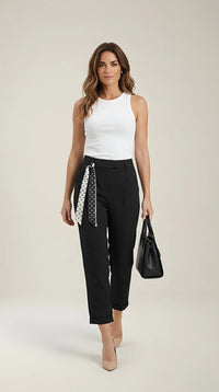 Pantaloni damă eleganți negri cu talie înaltă si eșarfă detașabilă cu buline, stil office-casual | Mira Style