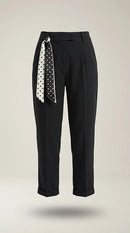 Pantaloni damă eleganți negri cu talie înaltă și eșarfă detașabilă cu buline, stil office-casual