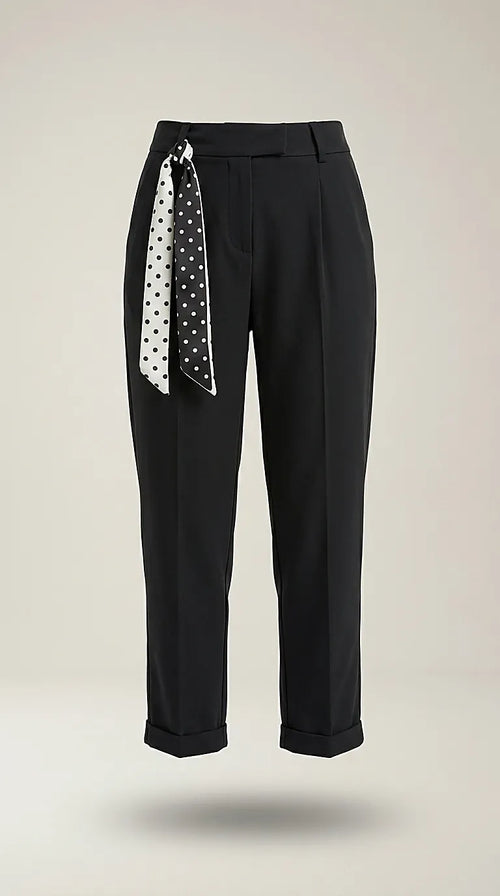 Pantaloni damă eleganți negri cu talie înaltă și eșarfă detașabilă cu buline, stil office-casual