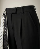 Pantaloni damă eleganți negri cu talie înaltă și eșarfă detașabilă cu buline, stil office-casual
