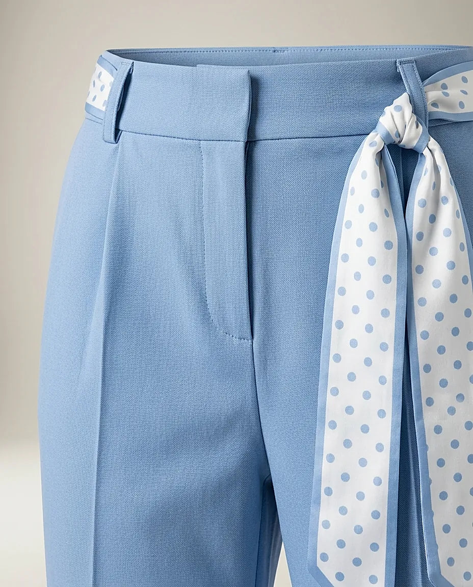 Pantaloni damă office bleu ciel cu talie înaltă, cordon tip eșarfă și manșete suflecate