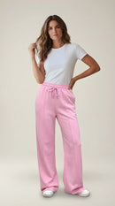Pantaloni damă roz candy cu talie înaltă și croială largă, pantaloni de trening din bumbac cu buzunare și nervură frontală