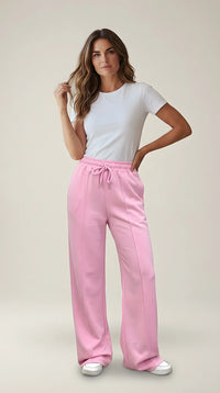 Pantaloni damă roz candy cu talie înaltă și croială largă, pantaloni de trening din bumbac cu buzunare și nervură frontală | Mira Style
