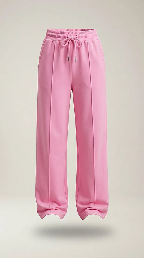 Pantaloni damă roz candy cu talie înaltă și croială largă, pantaloni de trening din bumbac cu buzunare și nervură frontală