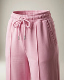 Pantaloni damă roz candy cu talie înaltă și croială largă, pantaloni de trening din bumbac cu buzunare și nervură frontală