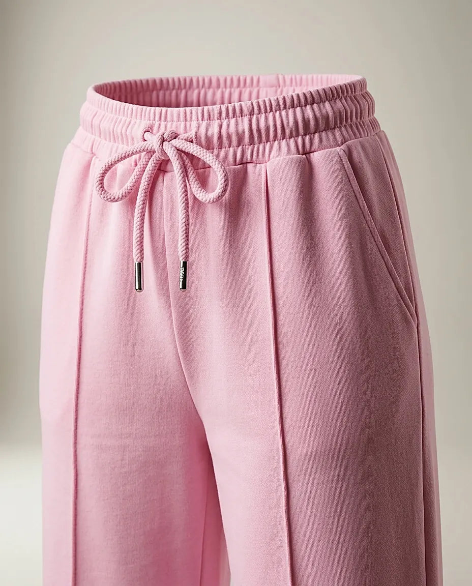 Pantaloni damă roz candy cu talie înaltă și croială largă, pantaloni de trening din bumbac cu buzunare și nervură frontală