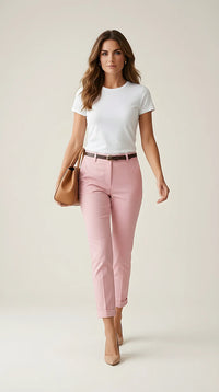 Pantaloni damă roz pudra office-casual cu curea inclusa si mansete suflecate, model conic elegant | Mira Style
