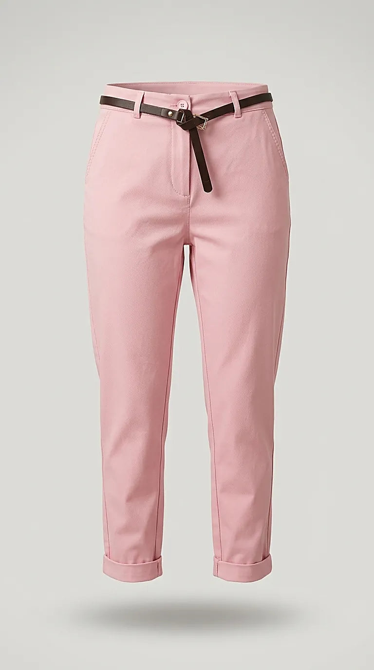 Pantaloni damă roz pudră office-casual cu curea inclusă și manșete suflecate, model conic elegant