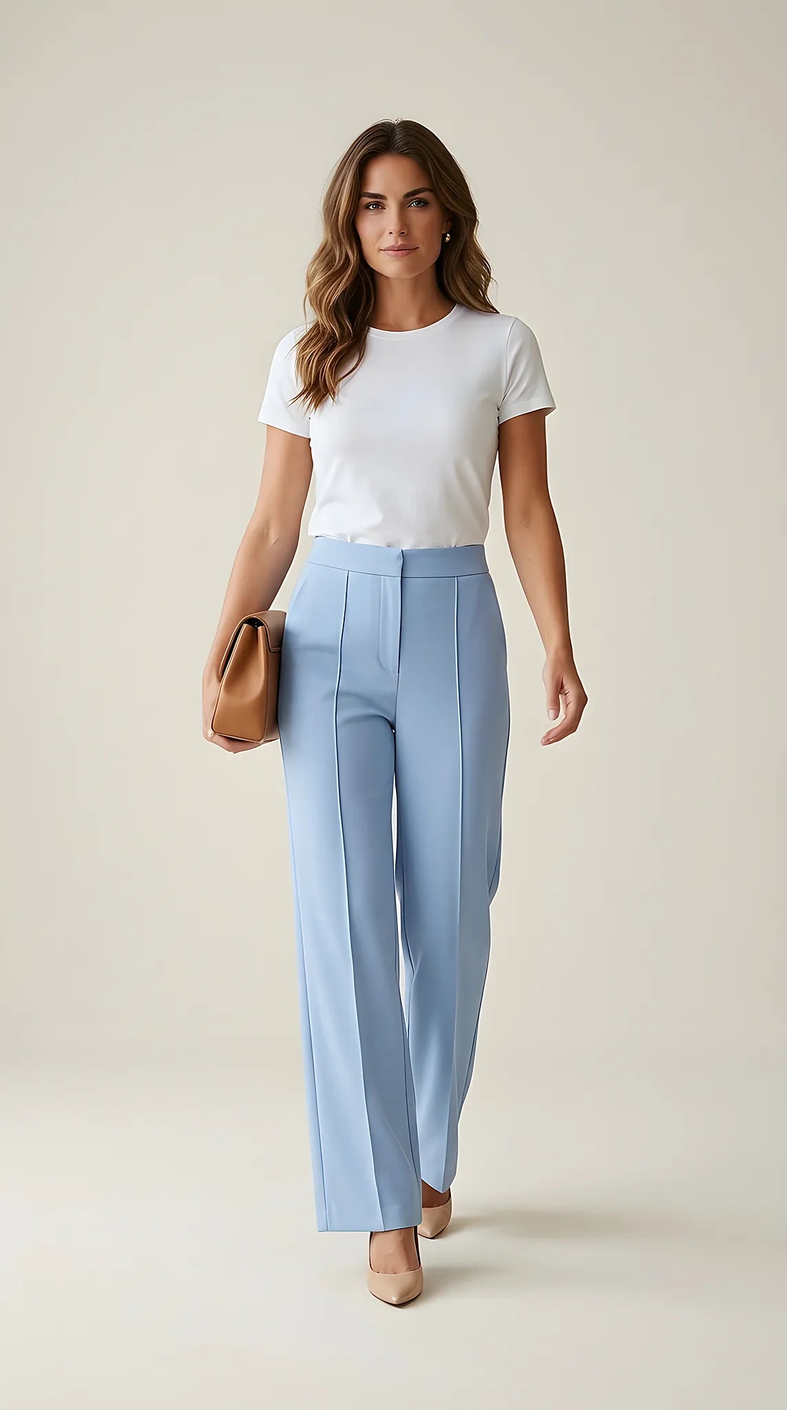 Pantaloni damă wide-leg albastru ciel cu talie înaltă și cusături decorative, stil elegant-office