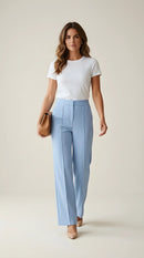 Pantaloni damă wide-leg albastru ciel cu talie înaltă și cusături decorative, stil elegant-office