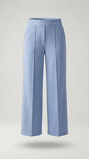 Pantaloni damă wide-leg albastru ciel cu talie înaltă și cusături decorative, stil elegant-office