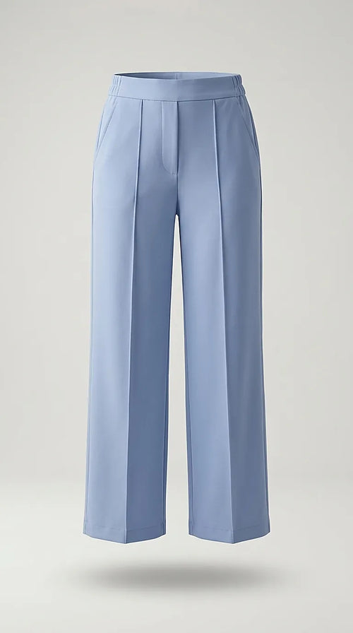 Pantaloni damă wide-leg albastru ciel cu talie înaltă și cusături decorative, stil elegant-office