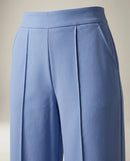 Pantaloni damă wide-leg albastru ciel cu talie înaltă și cusături decorative, stil elegant-office