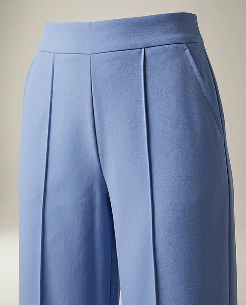 Pantaloni damă wide-leg albastru ciel cu talie înaltă și cusături decorative, stil elegant-office