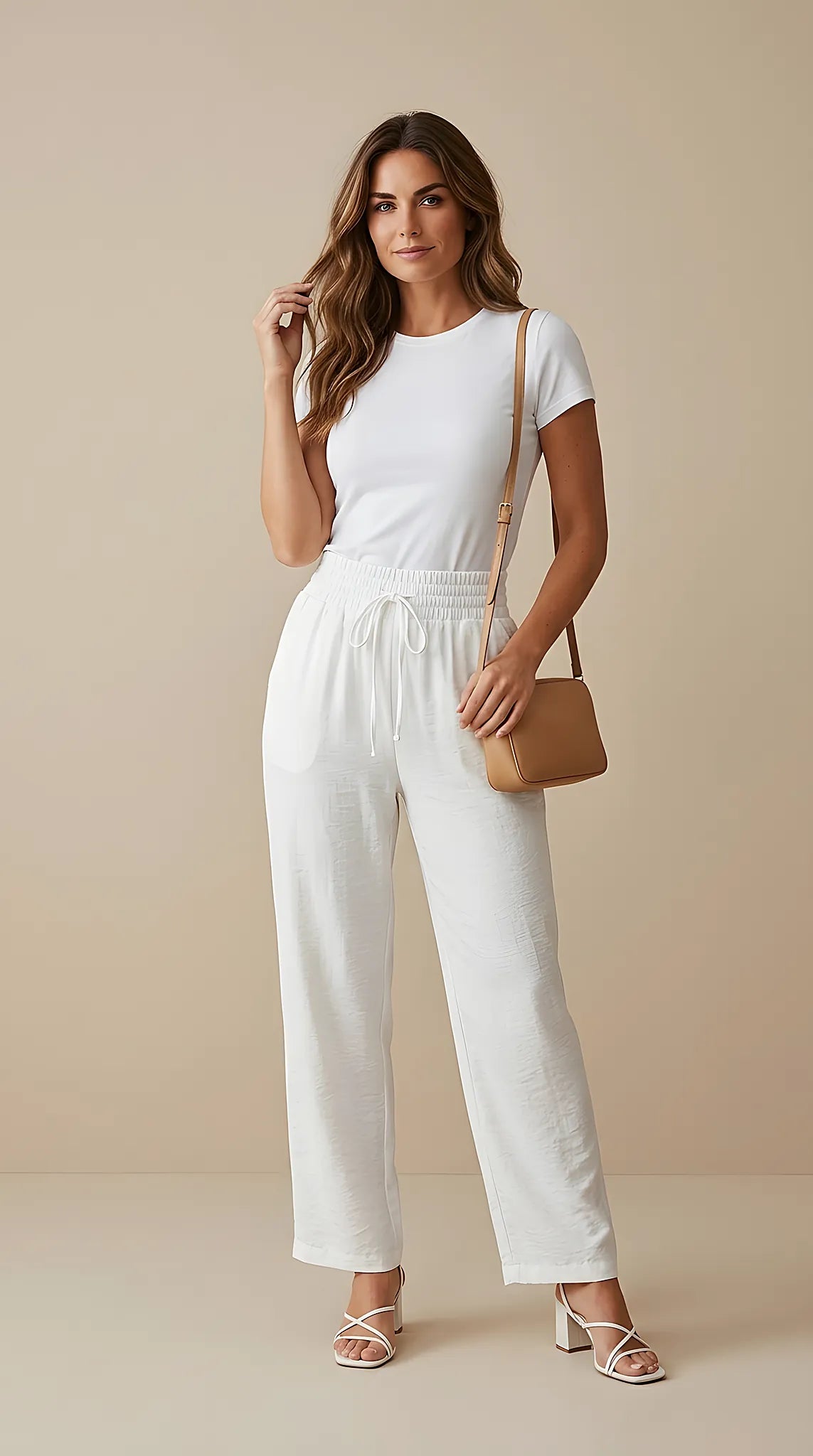 Pantaloni de damă albi lejeri cu talie elastică și șnur, model cu picior drept, ideali pentru ținute casual de vară
