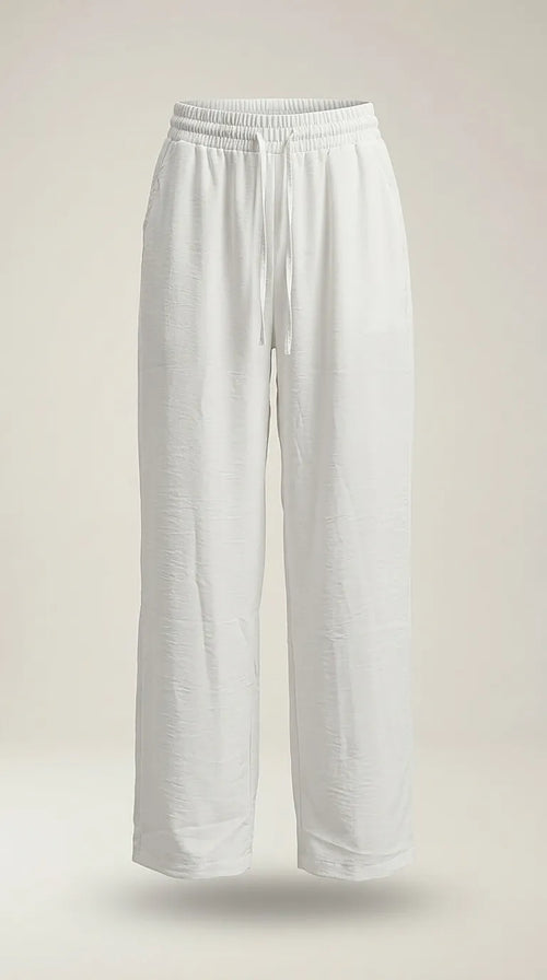 Pantaloni de damă albi lejeri cu talie elastică și șnur, model cu picior drept, ideali pentru ținute casual de vară