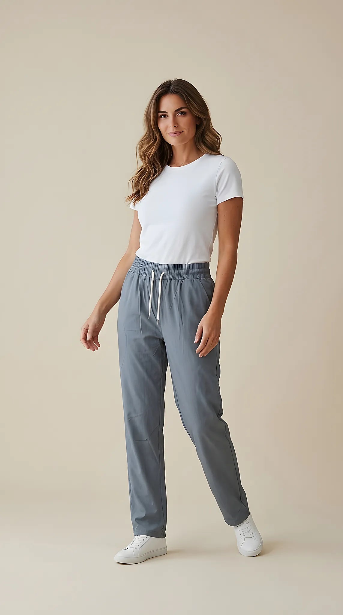 Pantaloni de damă casual cu talie elastică și șnur, croială dreaptă, gri-albăstrui, perfecți pentru confort zilnic