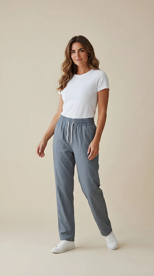 Pantaloni de damă casual cu talie elastică și șnur, croială dreaptă, gri-albăstrui, perfecți pentru confort zilnic