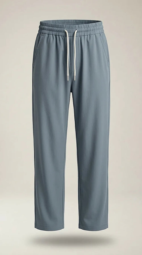 Pantaloni de damă casual cu talie elastică și șnur, croială dreaptă, gri-albăstrui, perfecți pentru confort zilnic