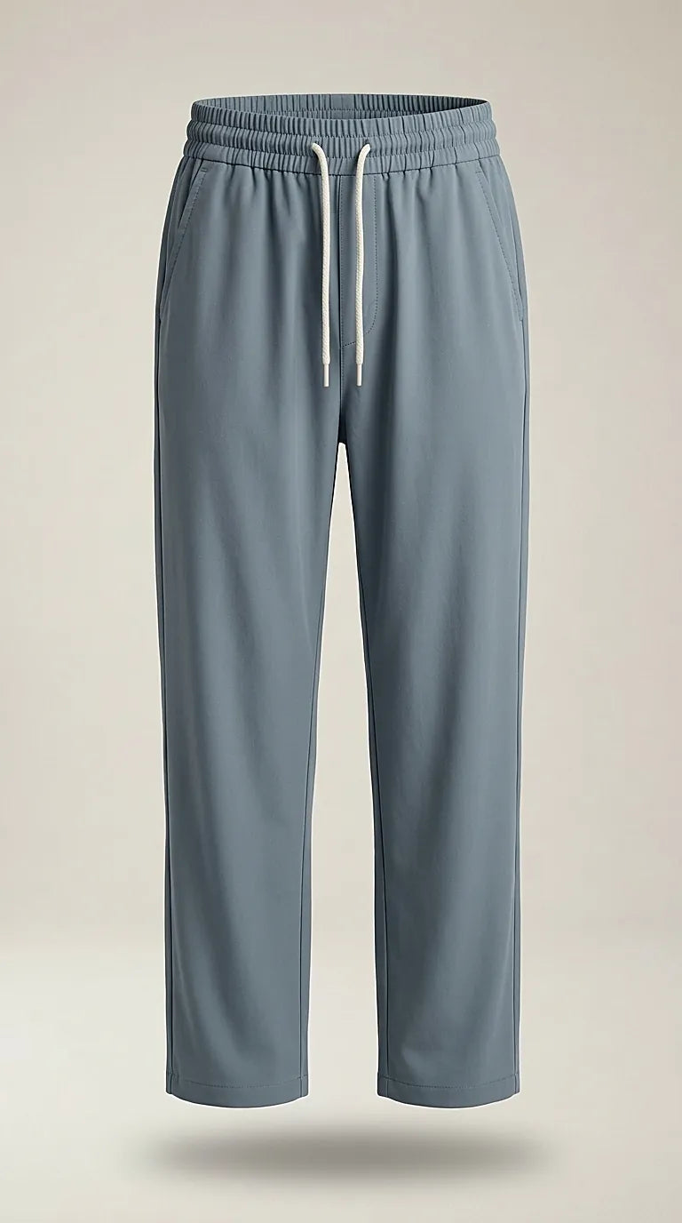 Pantaloni de damă casual cu talie elastică și șnur, croială dreaptă, gri-albăstrui, perfecți pentru confort zilnic