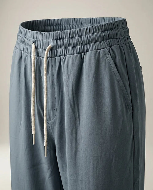 Pantaloni de damă casual cu talie elastică și șnur, croială dreaptă, gri-albăstrui, perfecți pentru confort zilnic