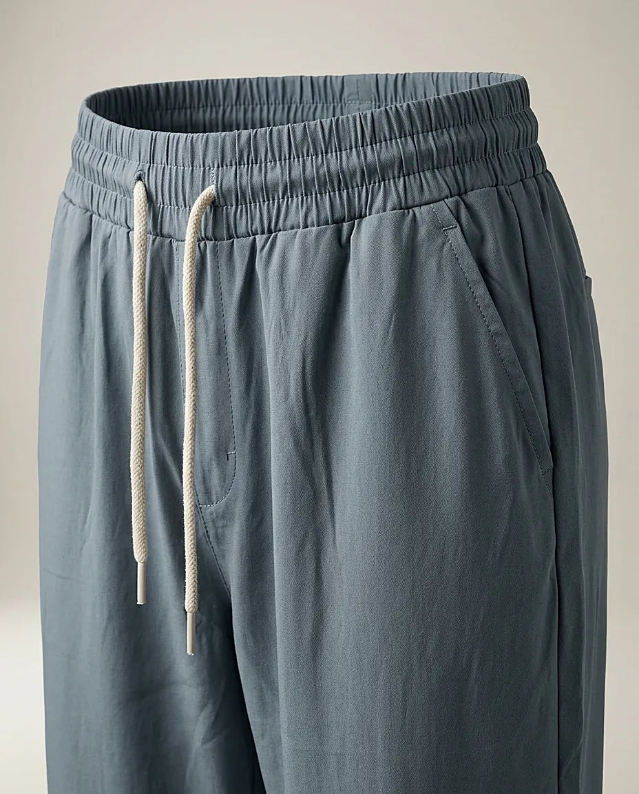 Pantaloni de damă casual cu talie elastică și șnur, croială dreaptă, gri-albăstrui, perfecți pentru confort zilnic