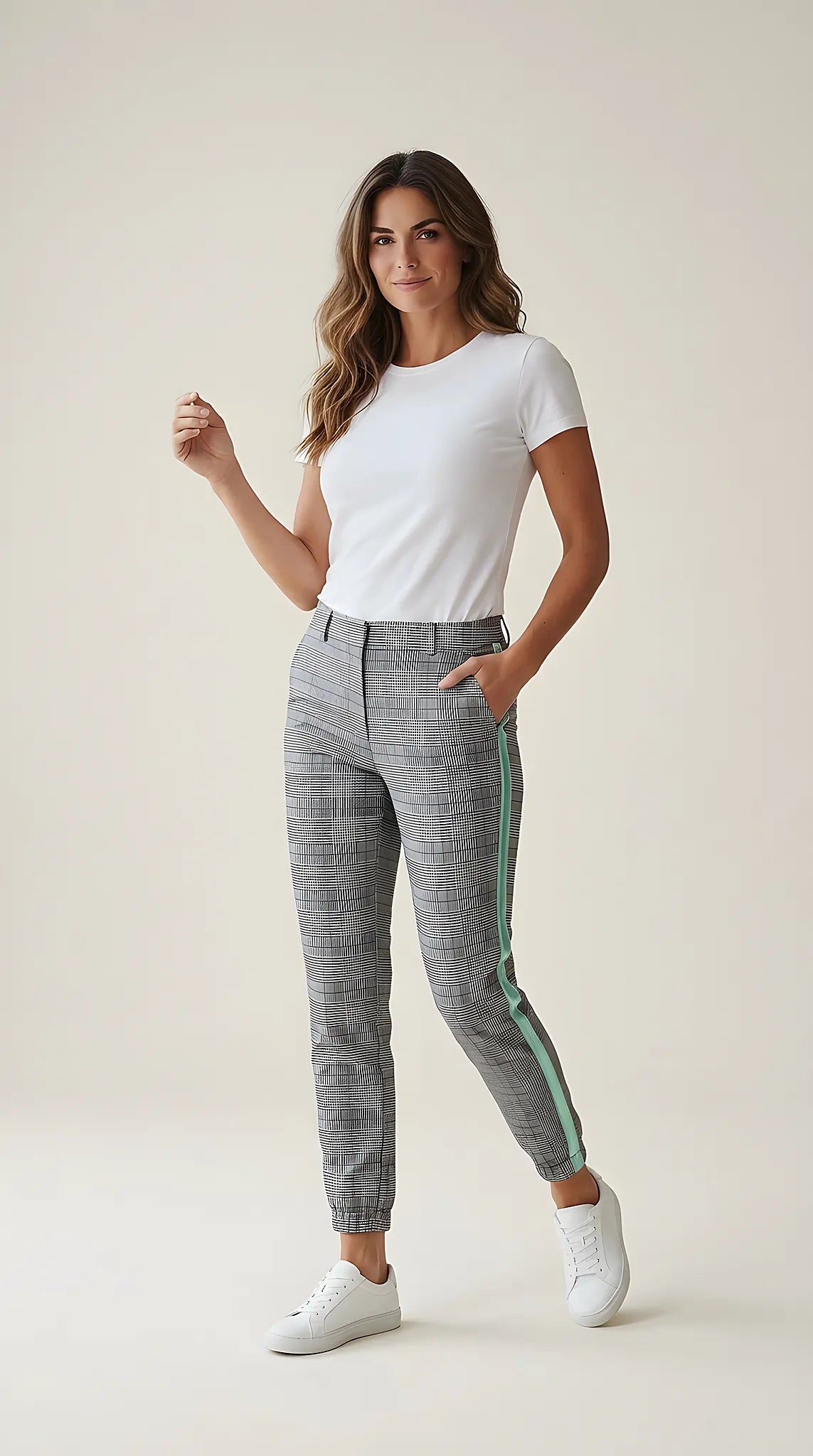 Pantaloni de damă conici în carouri gri cu dungă laterală verde mentă, stil sport-elegant