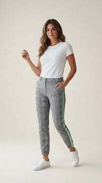 Pantaloni de damă conici în carouri gri cu dungă laterală verde mentă, stil sport-elegant | Mira Style