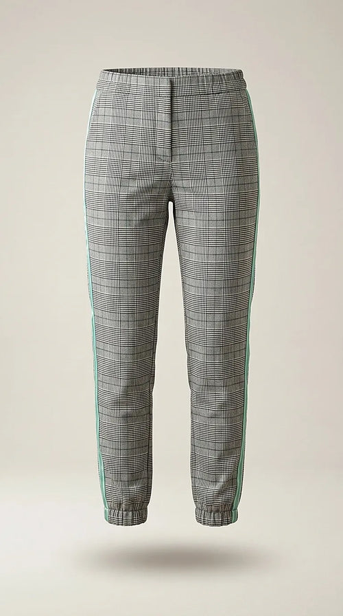Pantaloni de damă conici în carouri gri cu dungă laterală verde mentă, stil sport-elegant