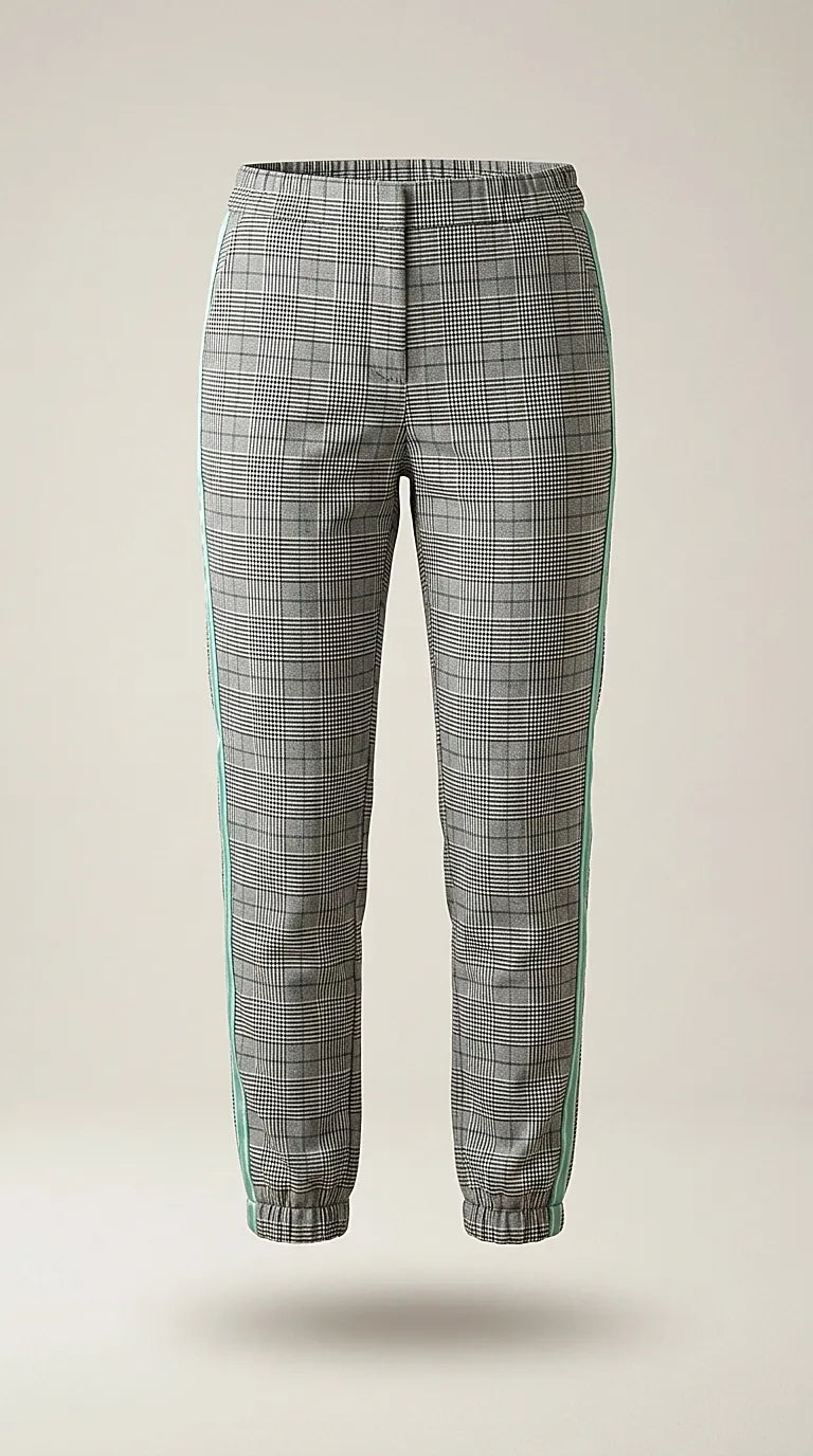 Pantaloni de damă conici în carouri gri cu dungă laterală verde mentă, stil sport-elegant