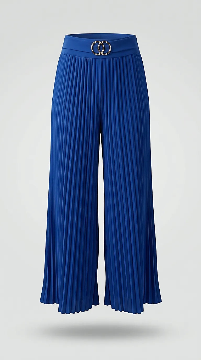 Pantaloni de damă plisați albaștri royal, stil palazzo elegant cu detaliu cataramă aurie | Mira Style