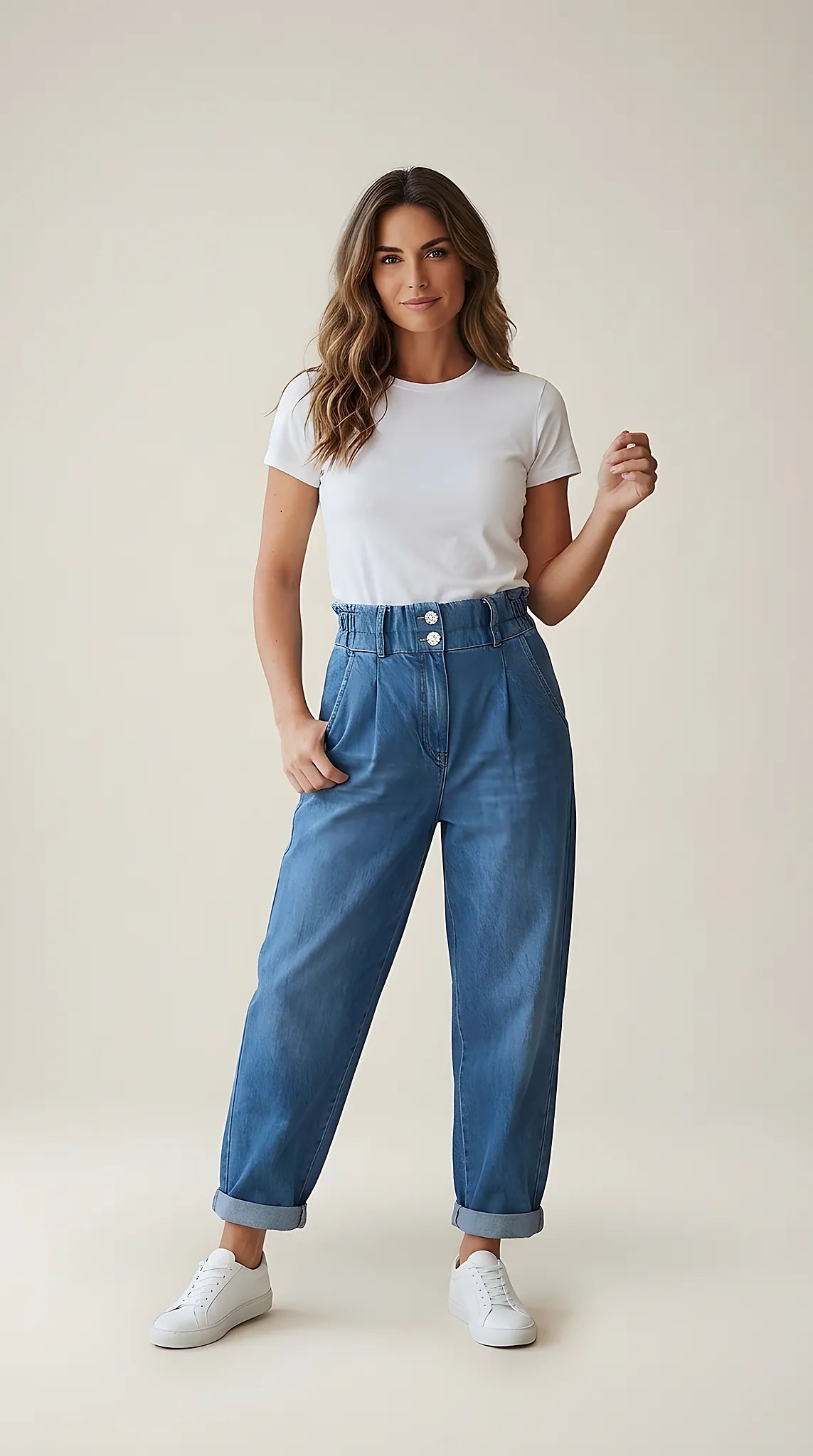 Pantaloni de damă tip blugi albastru denim cu talie înaltă elastică, nasturi bijuterie și croială lejeră slouchy