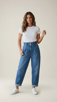 Pantaloni de damă tip blugi albastru denim cu talie înaltă elastică, nasturi bijuterie și croială lejeră slouchy | Mira Style