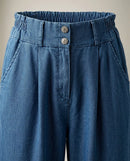 Pantaloni de damă tip blugi albastru denim cu talie înaltă elastică, nasturi bijuterie și croială lejeră slouchy