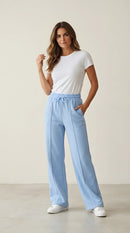 Pantaloni de damă wide leg albastru deschis cu talie înaltă elastică și șnur, stil palazzo sport casual