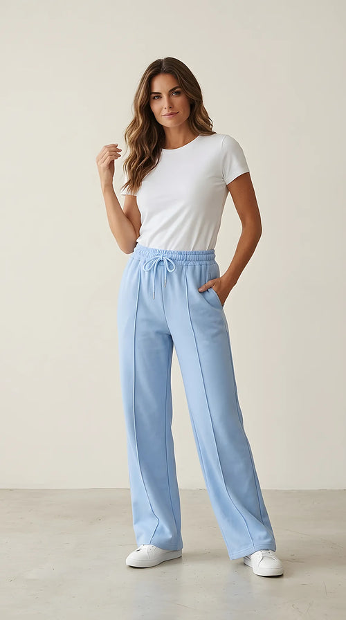Pantaloni de damă wide leg albastru deschis cu talie înaltă elastică și șnur, stil palazzo sport casual