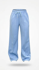 Pantaloni de damă wide leg albastru deschis cu talie înaltă elastică și șnur, stil palazzo sport casual